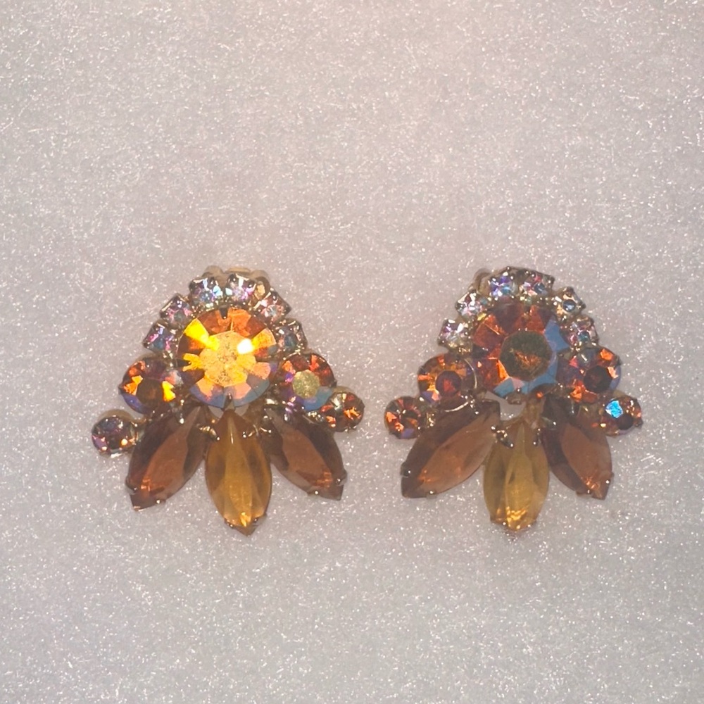 Elegant Amber Crystal Clip On Earrings